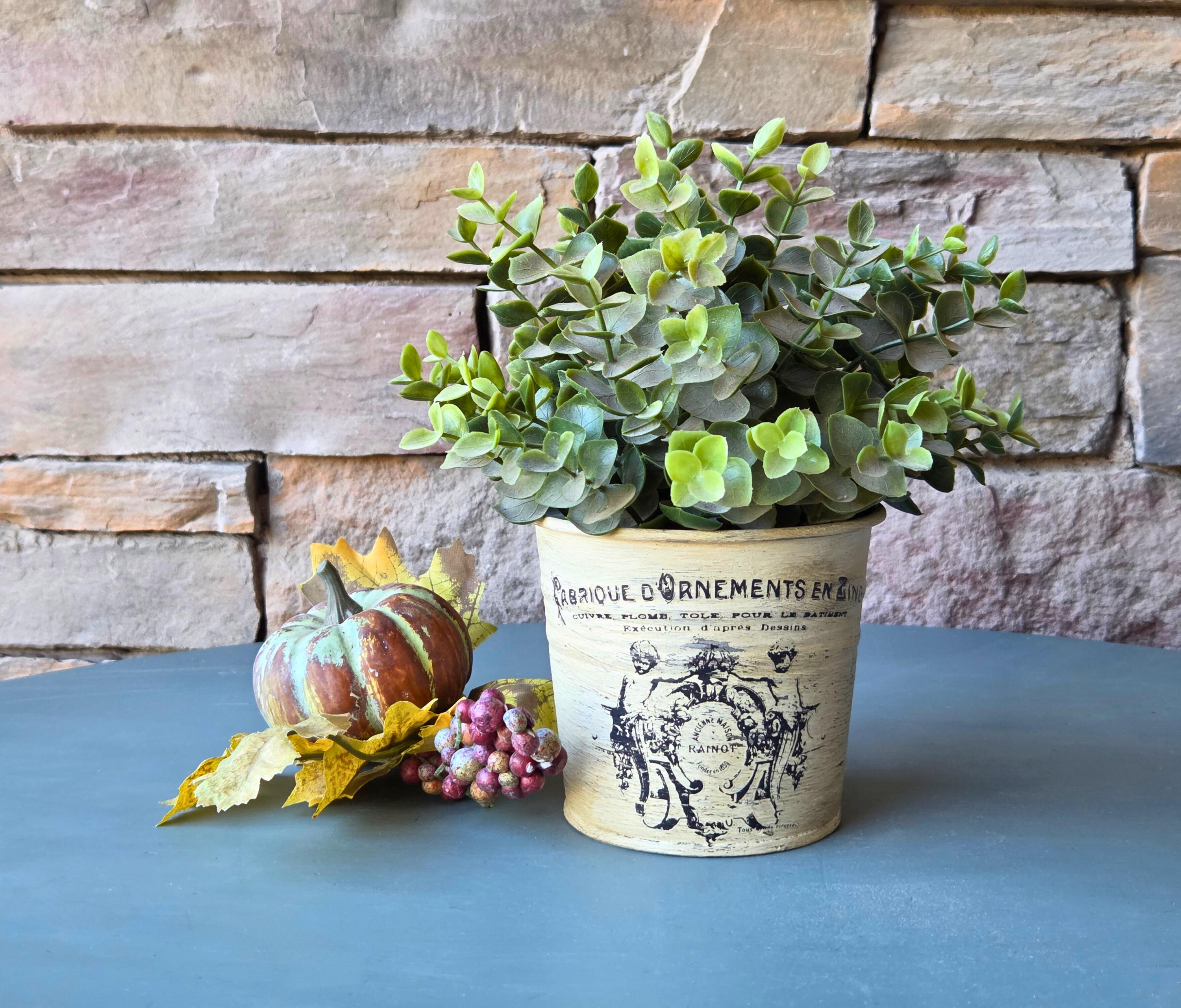 French Painted Metal Decorative Pot with Vintage Typography  Rustic Garden Accent