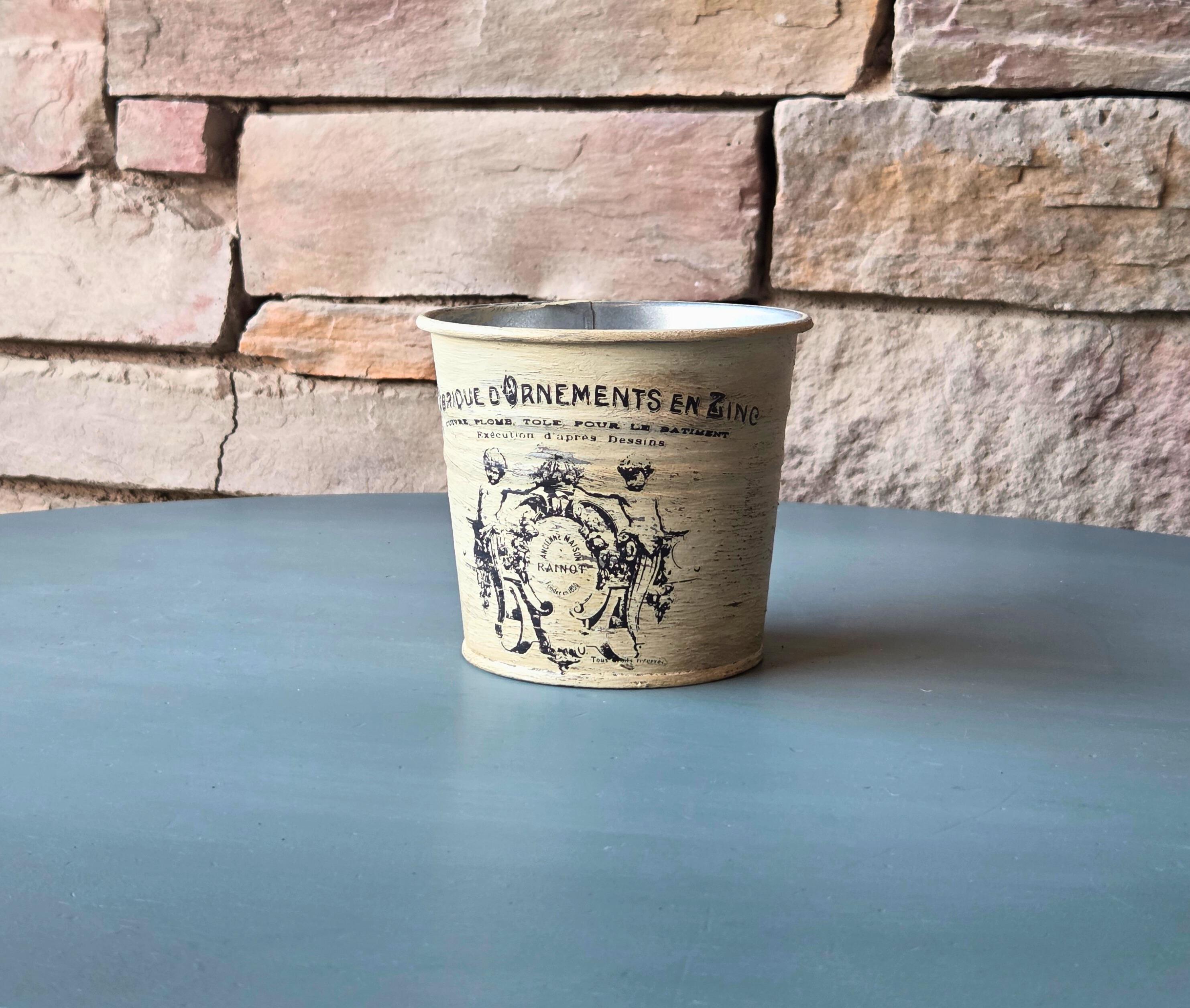 French Painted Metal Decorative Pot with Vintage Typography  Rustic Garden Accent